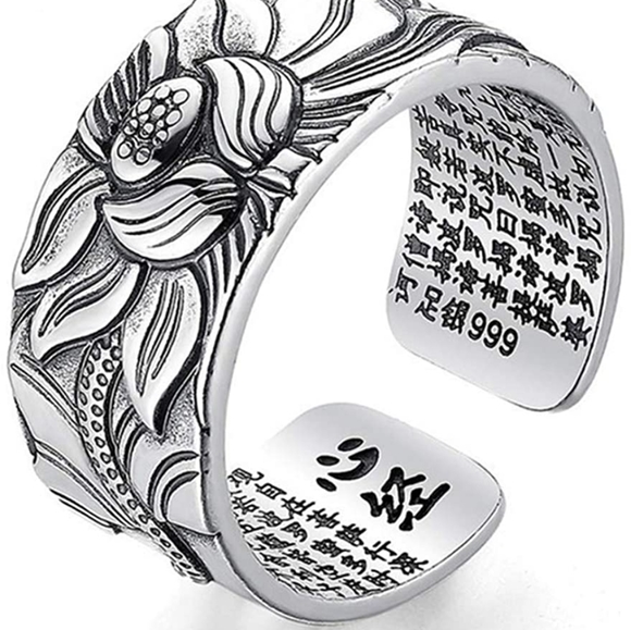 999 sterling silver vintage lotus heart sutra ring - Picture 1 of 4